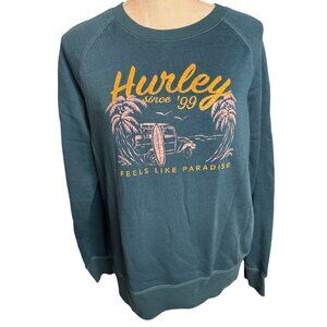 Hurley Womens Graphic Sweatshirt Teal Long Sleeve Crewneck Feels Like Paradise P